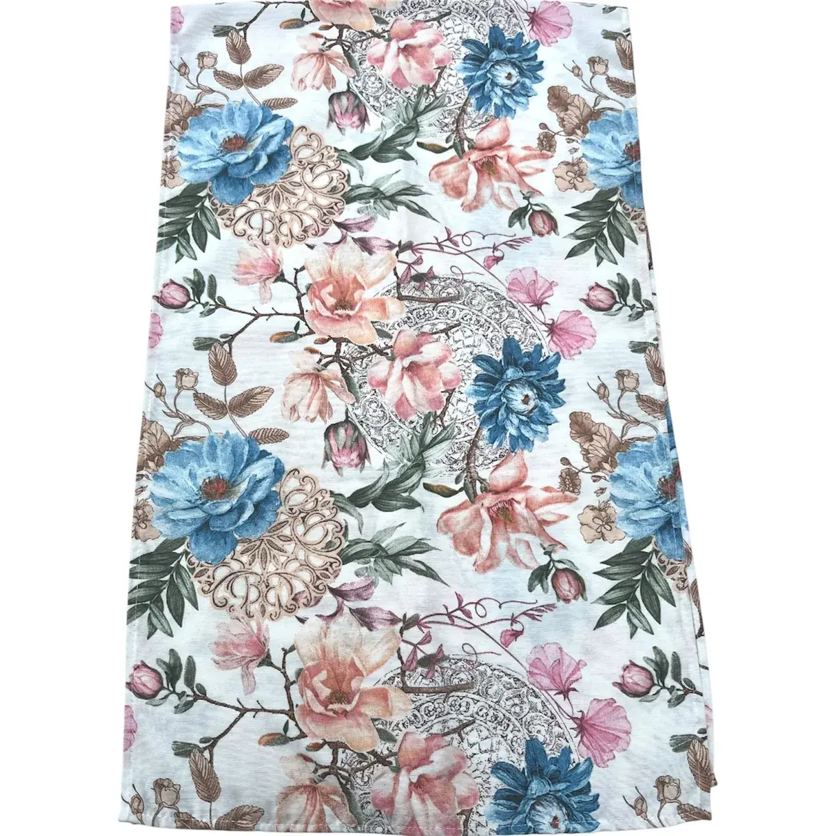 Camino de tela diseño vintage con flores rosadas y azules