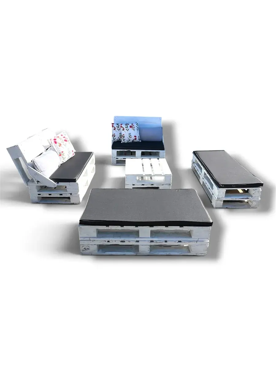 Juego de terraza en palet color blanco (2 bancas, 2 sillones 1 mesa centro)